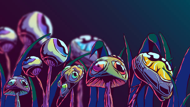 Hand-drawn surreal illustration - Mushrooms with eyes. Hand-drawn surreal illustration - Mushrooms in the grass. Mushrooms with eyes. witch eyes stock illustrations