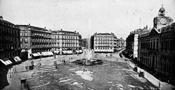 Puerta del Sol in Madrid, Spain. Vintage halftone photo etching circa 19th century.