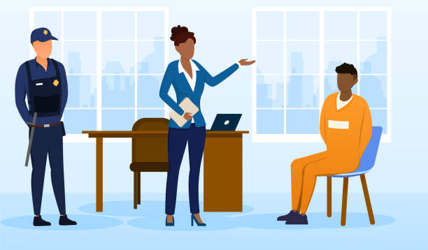 System Work of Law Firm A female investigator, detective or lawyer is interrogating or communicating with a suspect in a crime in her office, accompanied by a police officer. Cartoon flat vector illustration police interview stock illustrations