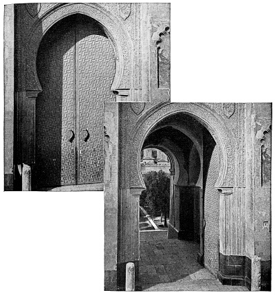 Puerta del Perdón (Door of Forgiveness) at Mosque–Cathedral of Córdoba in Córdoba, Spain. Vintage halftone photo etching circa 19th century.