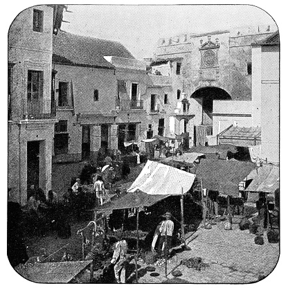 Street market at Postigo del Aceite in Seville, Spain. Vintage halftone photo etching circa 19th century.