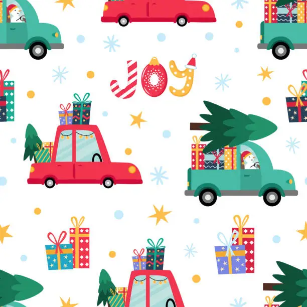 Vector illustration of Christmas and New Year seamless pattern. Red car, green truck, snowflakes, snowman driver, star. Joy lettering. Fir tree and gifts delivery. Isolated vector background for wallpaper, wrapping, textile