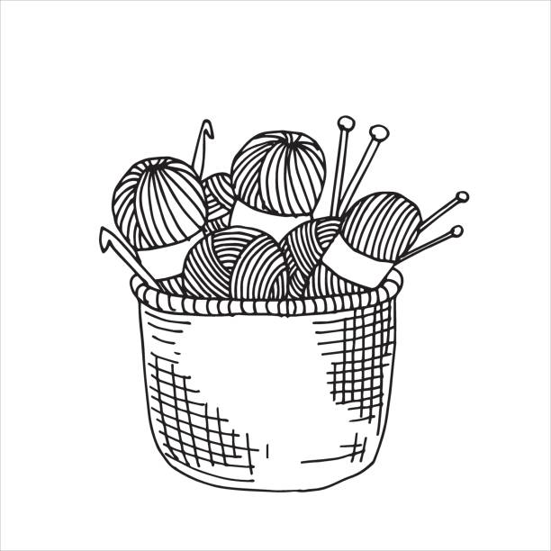 ilustrações, clipart, desenhos animados e ícones de ilustração vetorial em cesta estilo doodle com fios para tricô, agulhas de tricô, gancho de crochê. cesta aconchegante para artesanato caseiro, símbolo hobby, feito à mão - knitting sweater crochet wool