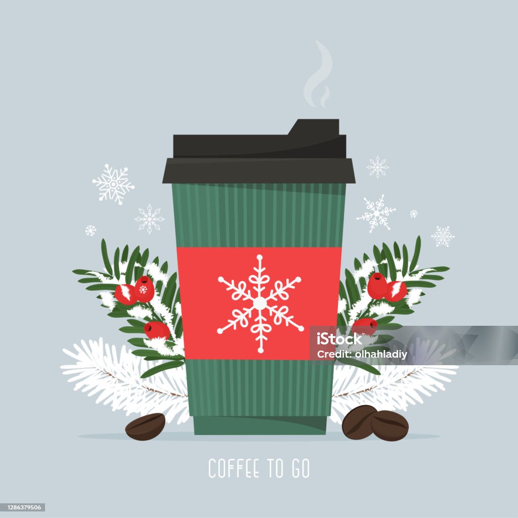 Hete koffie in een document Kop, met koffiebonen en de takken van de kerstpijnboom. Sneeuwval seizoen. Warm drankje, koffie te gaan. Vectorillustratie in vlakke stijl. - Royalty-free Kerstmis vectorkunst
