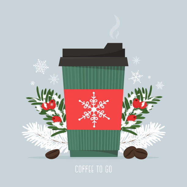 Hot coffee in a paper Cup, with coffee beans and christmas pine branches. Snowfall season. Hot drink, coffee to go. Vector illustration in flat style. Vector illustration in flat style arabica coffee drink stock illustrations