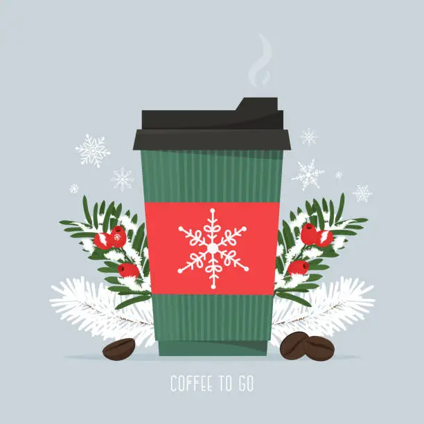 Vector illustration of Hot coffee in a paper Cup, with coffee beans and christmas pine branches. Snowfall season. Hot drink, coffee to go. Vector illustration in flat style.
