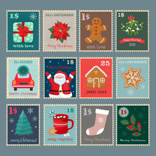 ilustrações de stock, clip art, desenhos animados e ícones de christmas postage stamps set. vector isolated illustration - postage mark