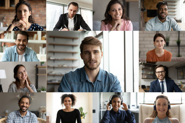istock Multiracial colleagues have group webcam call together 1286380723