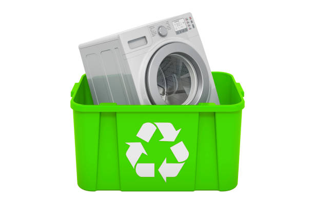 istock Recycling trashcan with washing machine, 3D rendering isolated on white background 1286383514