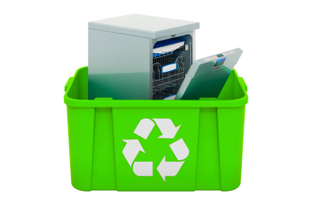istock Recycling trashcan with dishwasher, 3D rendering isolated on white background 1286383535