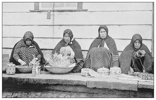 Antique black and white photo of the United States: Basket weavers, Sitka, Alaska