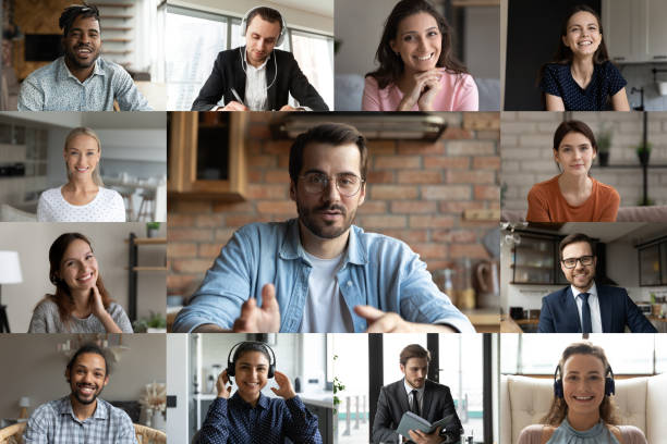 istock Multiethnic colleagues have webcam online team meeting 1286383832