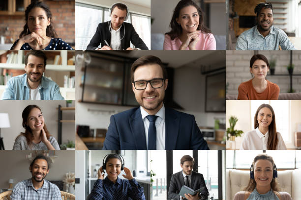 istock Multiethnic colleagues brainstorm speak on group video call 1286383834