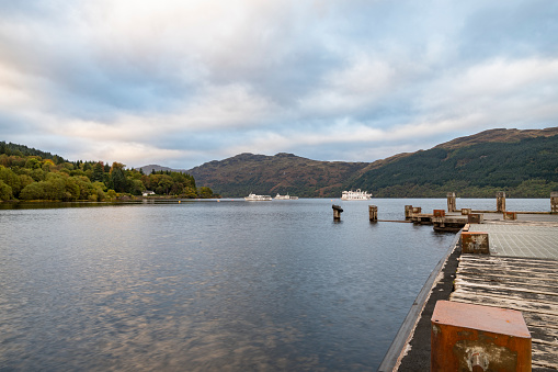 Wide angle view of Ashness Landing jetty on Derwent Water in the Lake District National Park, Cumbria, England, UK