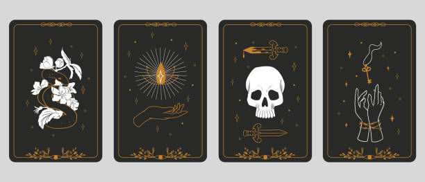 Tarot cards. Boho banners. Vintage spiritual signs, mystic or esoteric symbols. Fortune telling and predicting future. Posters with drawn skull, snake and hands. Vector occult flat set Tarot cards. Magic boho banners. Vintage spiritual signs, mystic or esoteric symbols. Fortune telling and predicting future. Retro posters with drawn skull, snake and hands. Vector occult flat set tarot cards stock illustrations