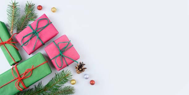 istock Christmas gift boxes collection with pine tree for mock up template design. View from above. Flat lay. 1286387391