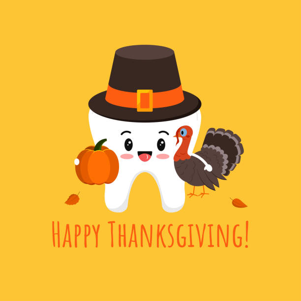 ilustrações de stock, clip art, desenhos animados e ícones de thanksgiving tooth in pilgrim hat with pumpkin and turkey isolated vector icon. - thanksgiving dinner party turkey feast day
