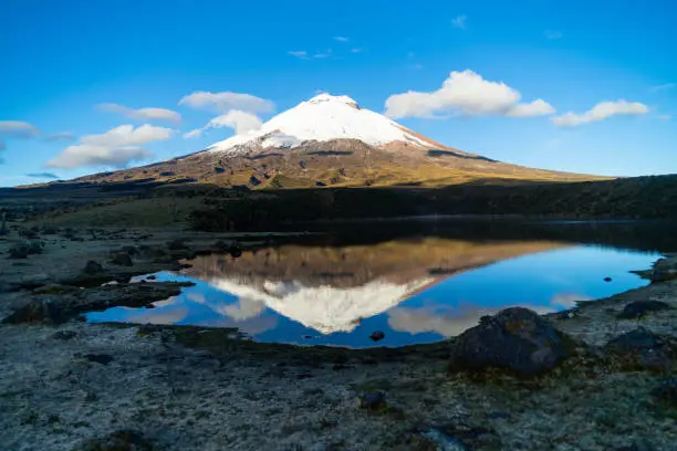 The Cotopaxi Volcano at sunrise taken from the Santo Domingo Lagoon