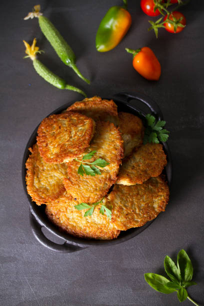 Potato Cakes. Vegetable fritters, latkes, hash browns. Vegetable pancakes Potato Cakes. Vegetable fritters, latkes, hash browns. Vegetable pancakes. Flat lay, layout, overhead hash brown stock pictures, royalty-free photos & images