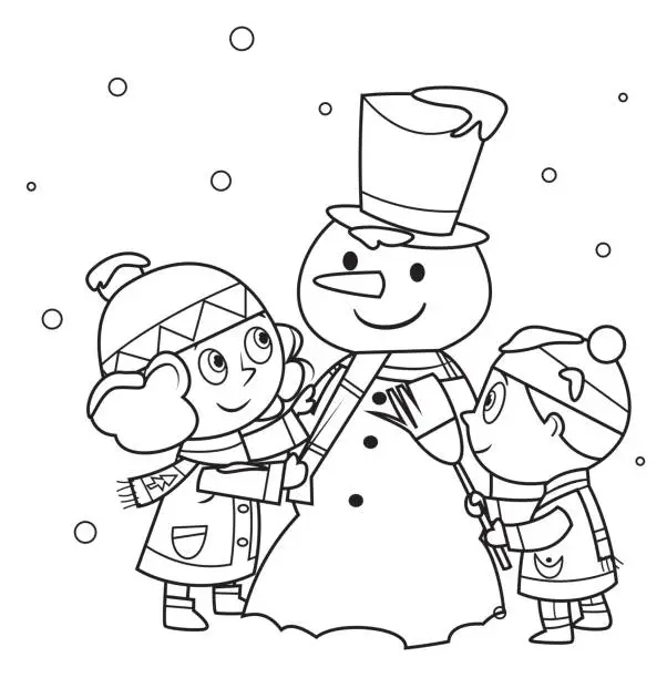 Vector illustration of White, Children making a snowman