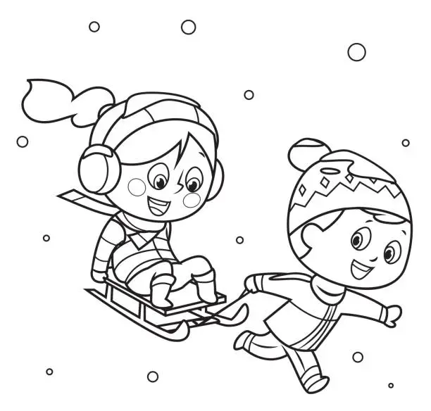 Vector illustration of Black And White, Happy kids sledding