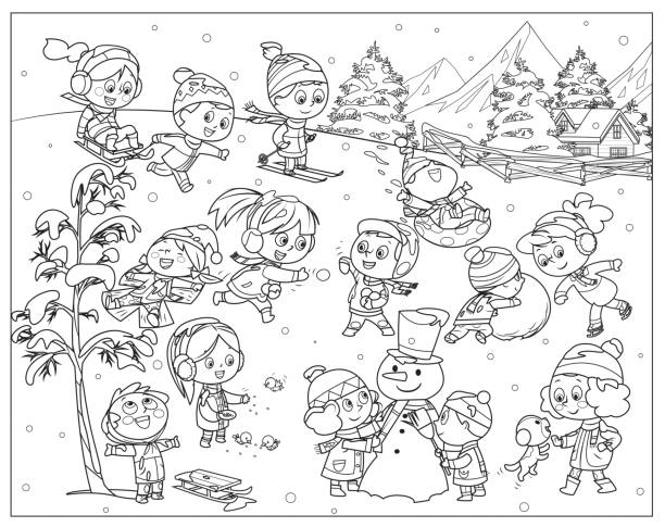 Black And White, Winter kids activities. Snow games, smiling little girls and boys in winters clothes fun outdoors Vector Black And White, Winter kids activities. Snow games, smiling little girls and boys in winters clothes fun outdoors snow angels stock illustrations