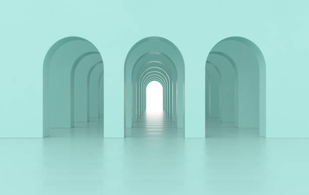 istock 3d rendering. Arch hallway simple geometric background, architectural corridor, portal, arch columns inside empty wall. Modern minimal concept 1286390396