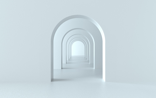 Renderizado en 3D. Pasillo de arco fondo geométrico simple, pasillo arquitectónico, portal, columnas de arco dentro de la pared vacía. Concepto minimalista moderno photo