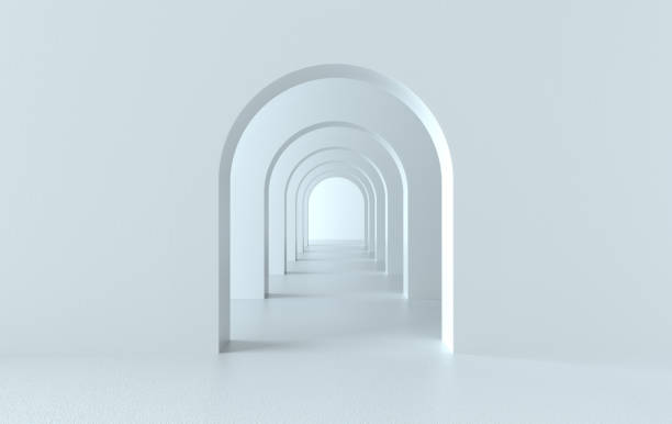 rendering 3d. arco corridoio semplice sfondo geometrico, corridoio architettonico, portale, colonne ad arco all'interno di parete vuota. concetto minimale moderno - arch foto e immagini stock