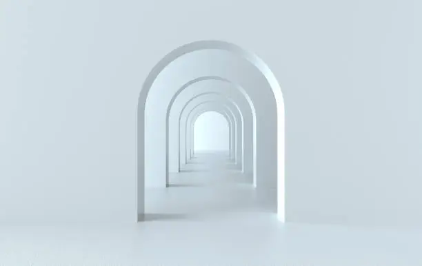 Photo of 3d rendering. Arch hallway simple geometric background, architectural corridor, portal, arch columns inside empty wall. Modern minimal concept