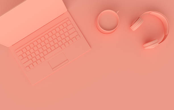 istock Laptop, phone, headphones, cup of coffee 3d rendering. Remote work, freelance, work space, lockdown, stay at home concept. Top view, pink color 1286390417