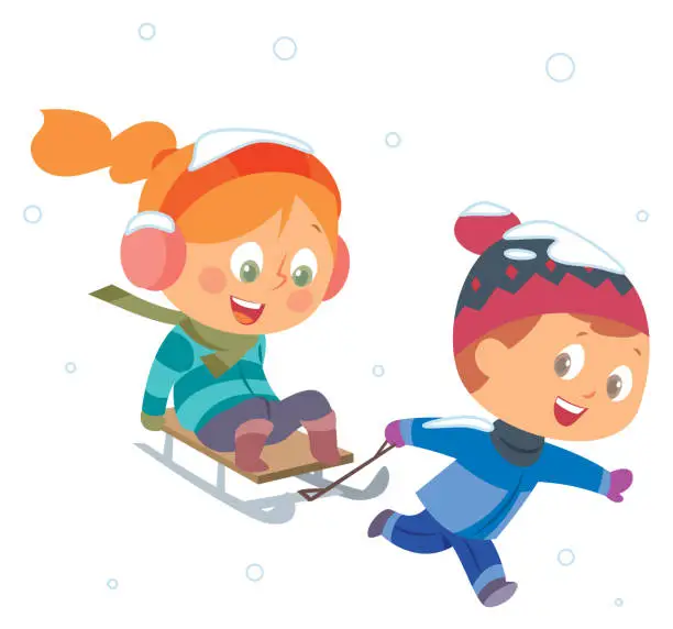 Vector illustration of Happy kids sledding