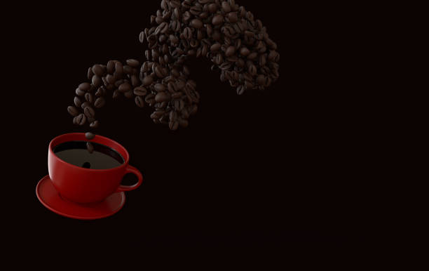 コーヒーと現実的なコーヒー豆のカップは浮かんで、3dレンダリングの背景。コーヒー豆の塊がクローズアップ。 - caffeine macro close up bean ストックフォトと画像