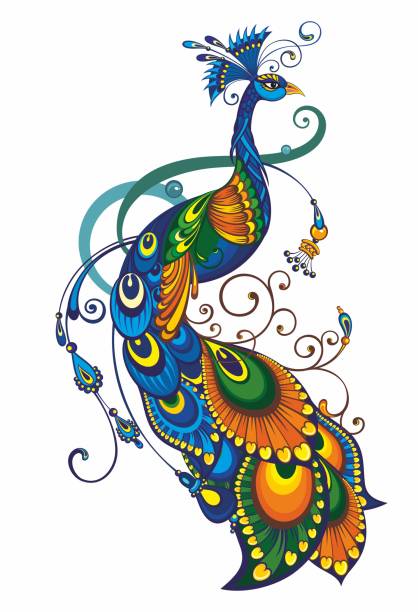 павлин рисунок фантазии - pattern peacock multi colored decoration stock illustrations