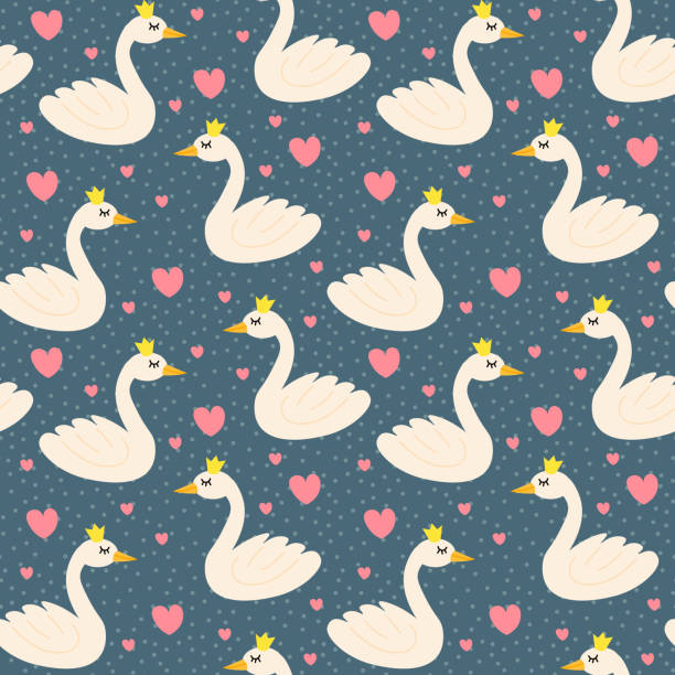 ilustrações de stock, clip art, desenhos animados e ícones de cute cartoon happy swan with crown in flat style with hearts and dots seamless pattern. - swan princess cartoon crown