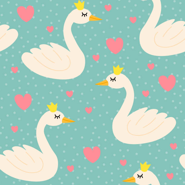 ilustrações de stock, clip art, desenhos animados e ícones de cute cartoon happy swan with crown in flat style with hearts and dots seamless pattern. - swan princess cartoon crown