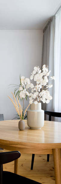 istock Stylish decorations on wooden table, vertical panorama 1286393220