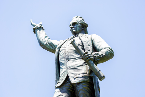 Statue of Capitan Cook, Detail of bronze statue Captain James Cook, The english explorer, navigator and cartographer 1728-1779, by sculptor Thomas Woolner 1879 in Hyde Park Sydney Australia, full frame horizontal composition with copy space