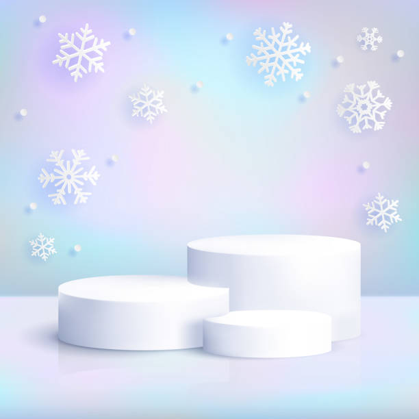 istock Realistic white podium on iridescent background with snowflakes. Winter christmas pastel scene with blank cylinder pedestal for product show. Luxury platform vector mockup 1286396855