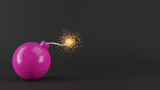 Pink round bomb with sparkling wick on black background. Creative background. 3D rendered image