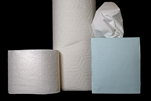 Trifecta of essential pandemic paper products including toilet tissue, facial tissues, and paper towels.