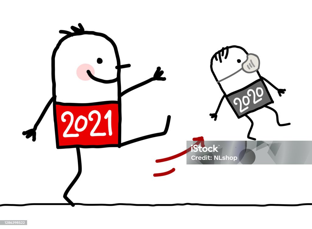 Cartoon Big 2021 Man Kicking Out a Small 2020 with Mask Hand drawn Cartoon Big 2021 Man Kicking Out a Small 2020 with Mask 2021 stock vector