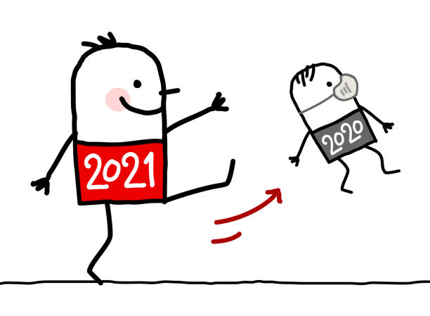 Cartoon Big 2021 Man Kicking Out a Small 2020 with Mask Hand drawn Cartoon Big 2021 Man Kicking Out a Small 2020 with Mask giant fictional character stock illustrations