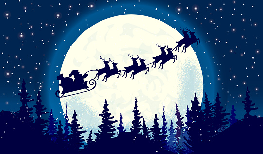 Vector illustration Silhouette Illustration of Flying Santa and Christmas Reindeer in moonlight winter sky with pine trees. Fully editable. Royalty free clip art. Includes layers for easy editing or changing text. Includes Santa with reindeer in moonlight winter sky above tree tops. Customize with your own text.