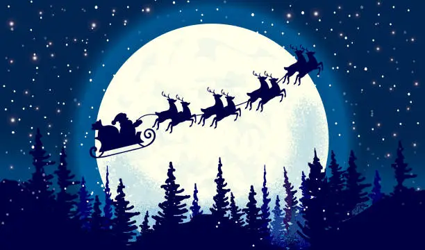Vector illustration of Santa is coming Silhouette Illustration of Flying Santa and Christmas Reindeer in moonlight winter sky with pine trees