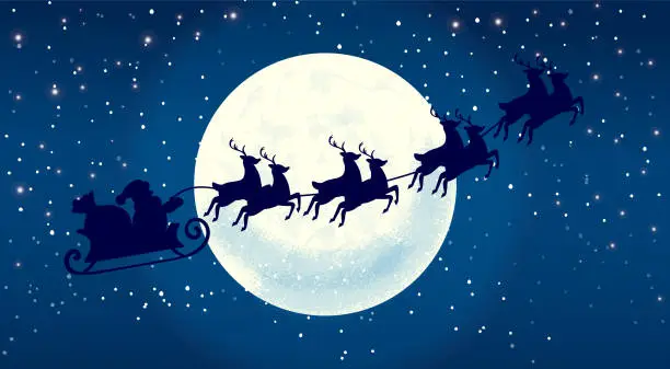 Vector illustration of Santa is coming Silhouette Illustration of Flying Santa and Christmas Reindeer in moonlight winter sky with pine trees