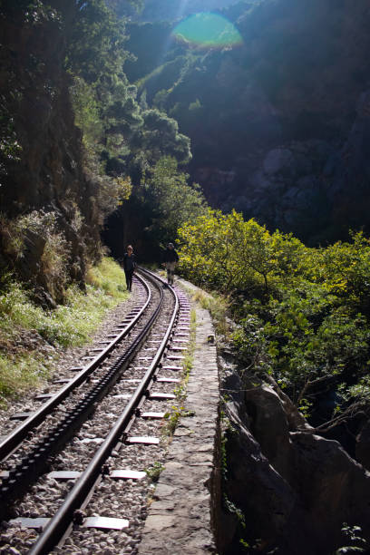 Vouraikos, Greece - October, 2020. Hiking in Vouraikos Canyon on the train lines