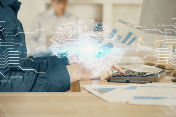 istock Man with computer background with brain theme hologram. Concept of brainstorm. Double exposure. 1286408278