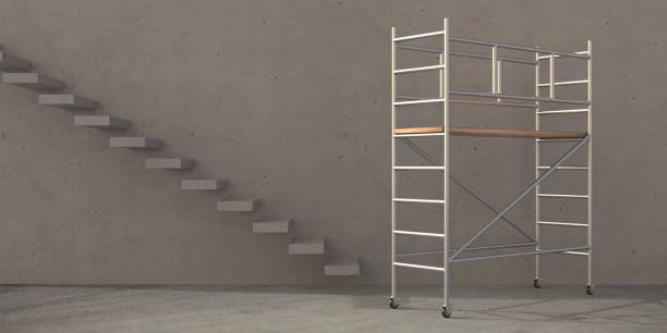 istock Scaffolding tower on concrete room with stairs background. 3d illustration 1286412641