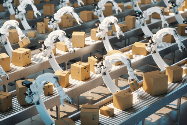Automated Warehouse With Robotic Arms Automated factory with robotic arms carrying boxes. production line stock pictures, royalty-free photos & images